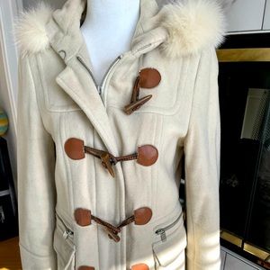 Off-white pea coat with white fur hood